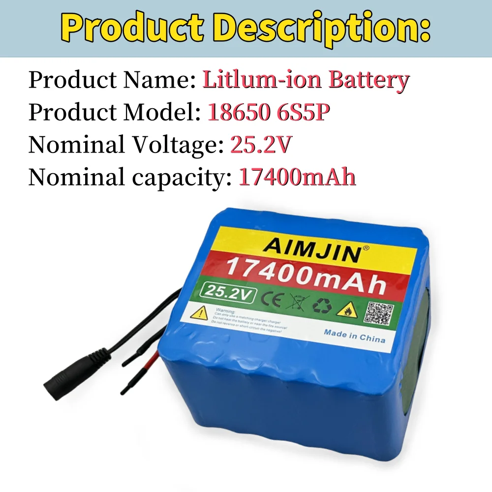 New 6S5P 18650 25.2V 17400mAh Lithium-ion Battery Pack Suitable for Electric bicycles, Unicycle wheelchair + 2A Charger