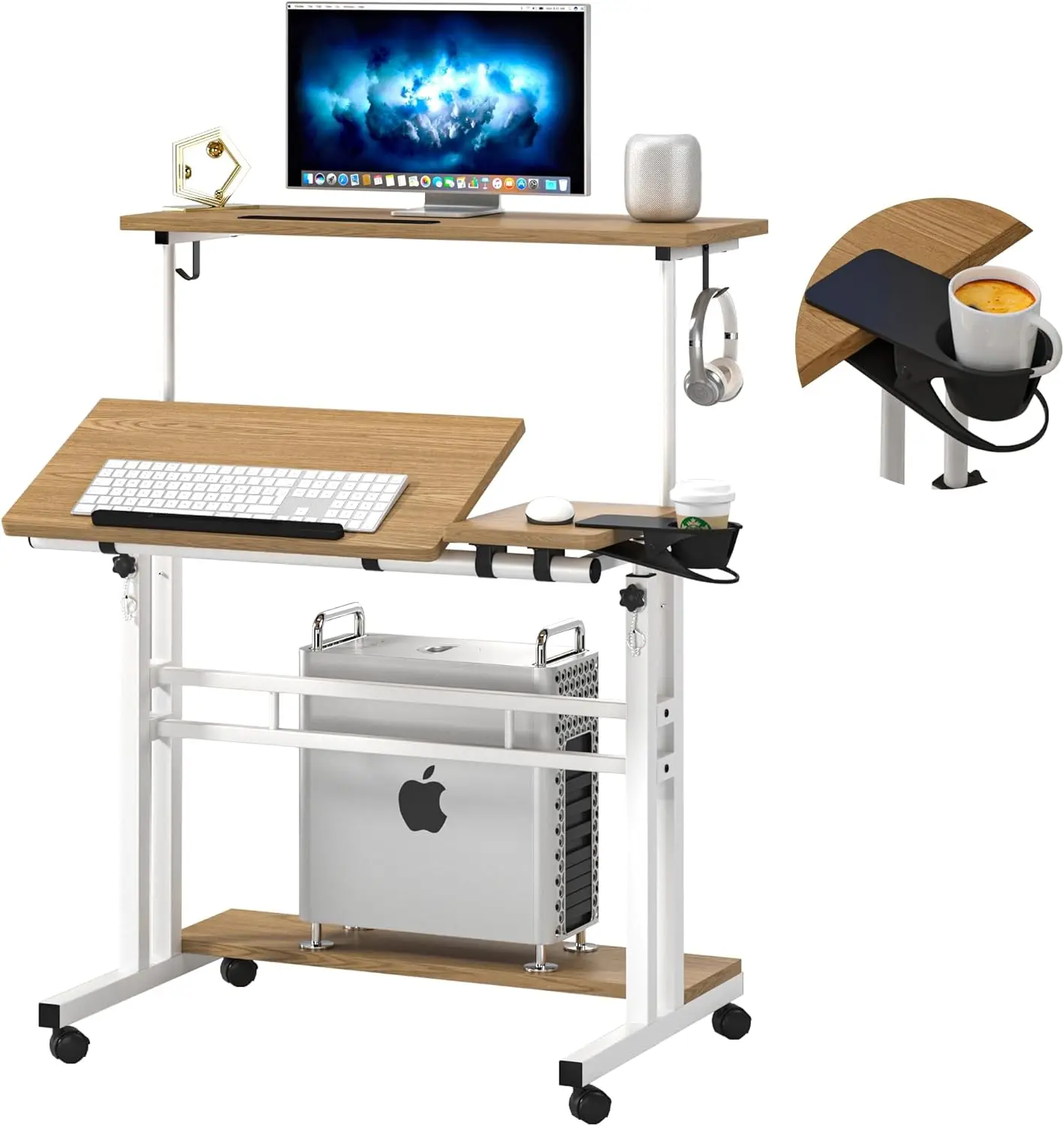 

Mobile Standing Desk, Adjustable Rolling Computer Desk with 3 Desktops, Portable Laptop Table with Cup Holder, Home Office Laptop Workstation on Lockable Wheels, Khaki