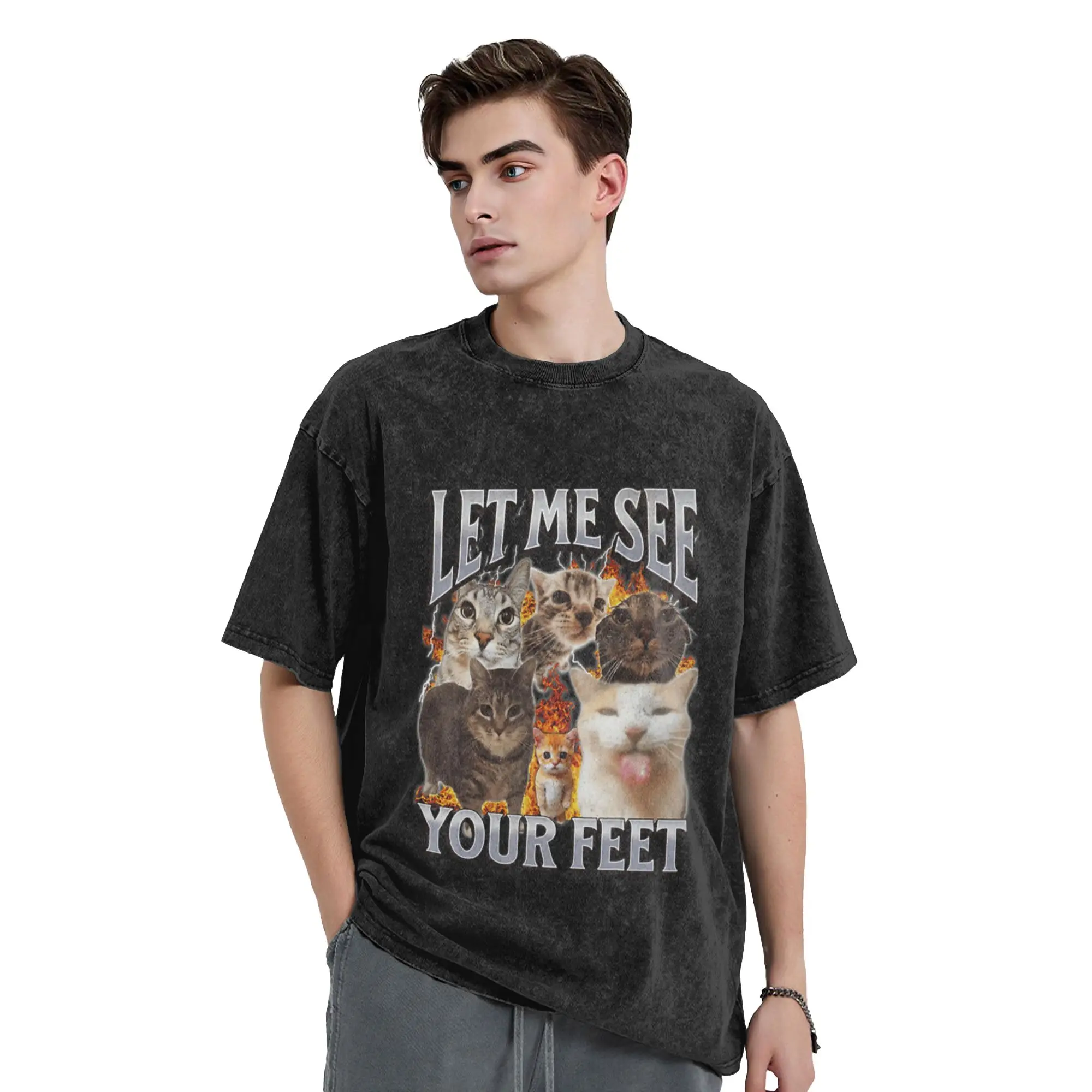 Let Me See Your Feet Funny Cats Meme Classic Trendy A Vintage Oversized Cotton Unisex T-Shirts