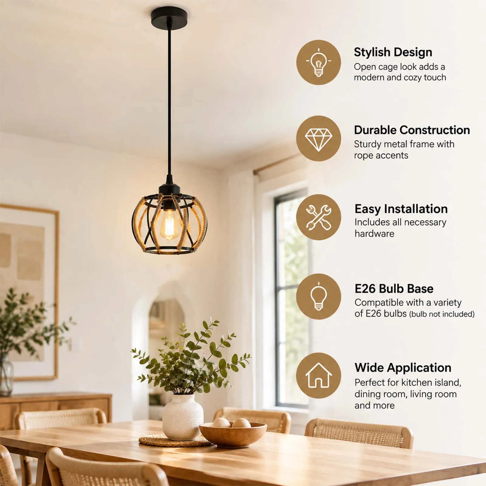 Pendant Light, Black Metal Globe Cage, Jute Rope Accent, Open Frame, E27, Industrial, Dining Room Kitchen Island
