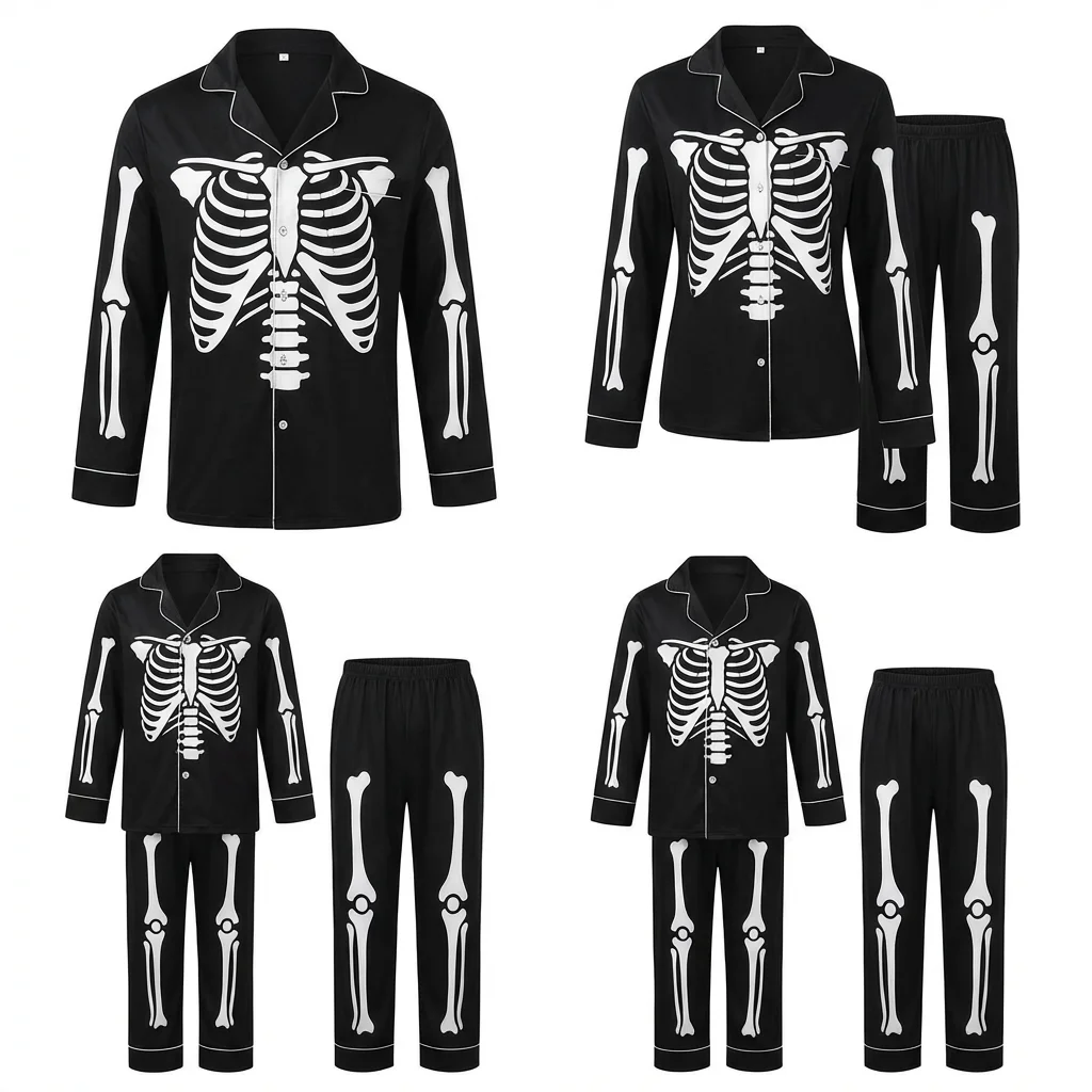 Disfraces de Halloween con estampado de esqueleto, conjunto familiar a juego, pijama de 2 piezas, camisa con botones para adultos y niños, pantalones, look para fiestas navideñas