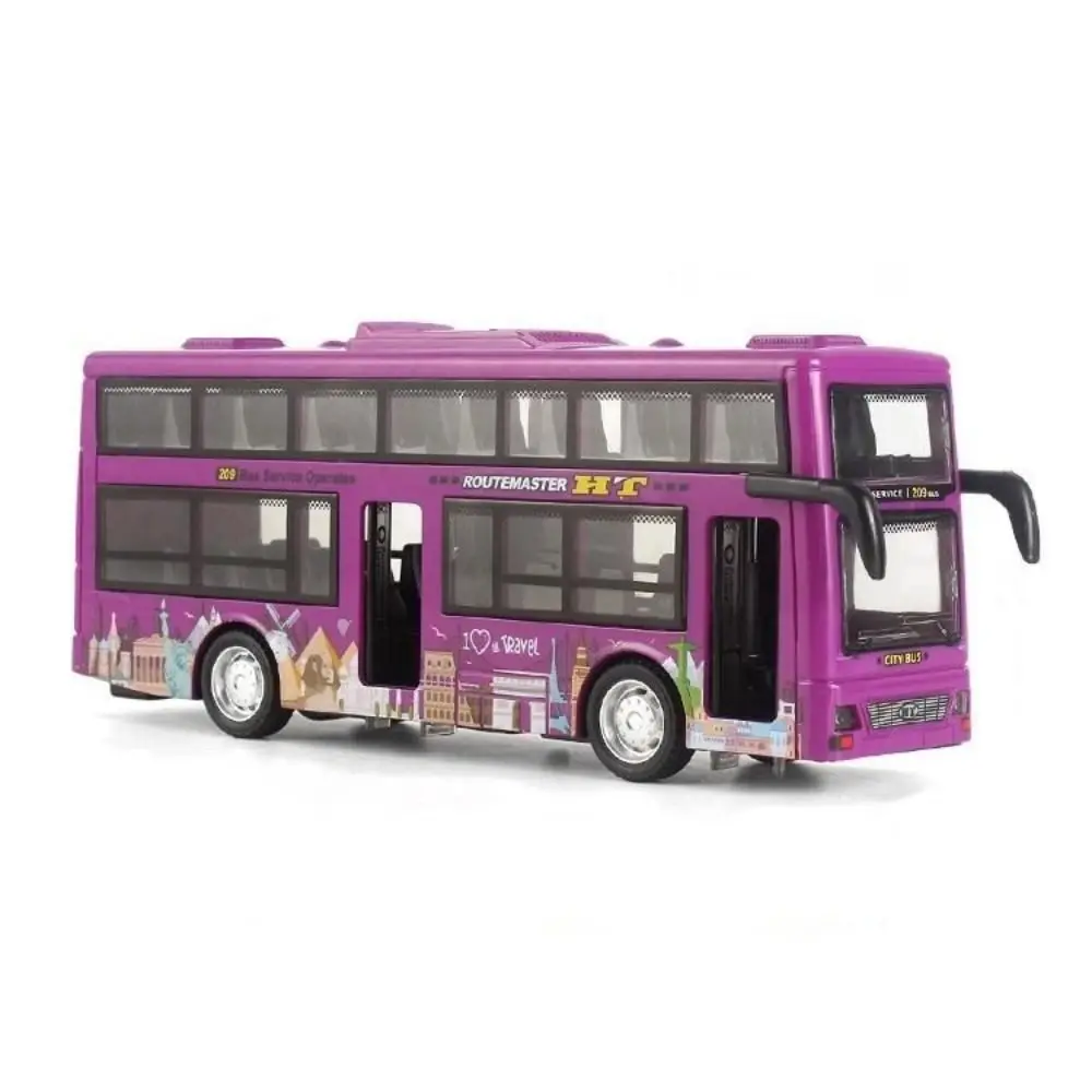 Light Music Double Decker Bus Model Open the Door Friction Powered Pull Back Vehicles Toy Inertial Die Cast