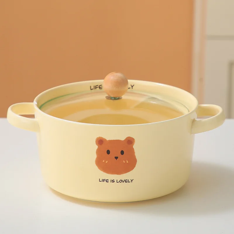Korean Ins Style Cute Bear with Lid Instant Noodle Bowl Student Dormitory Cute Soup Bowl Household Binaural Ceramic Noodle Bowl