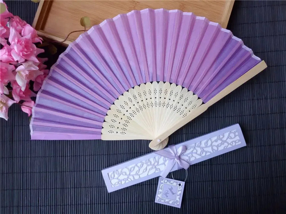 10 pcs Personalized  Engraved Luxurious Silk Fold hand Fan in Elegant Laser-Cut Gift Box  +Party Favors/wedding Gifts+printing