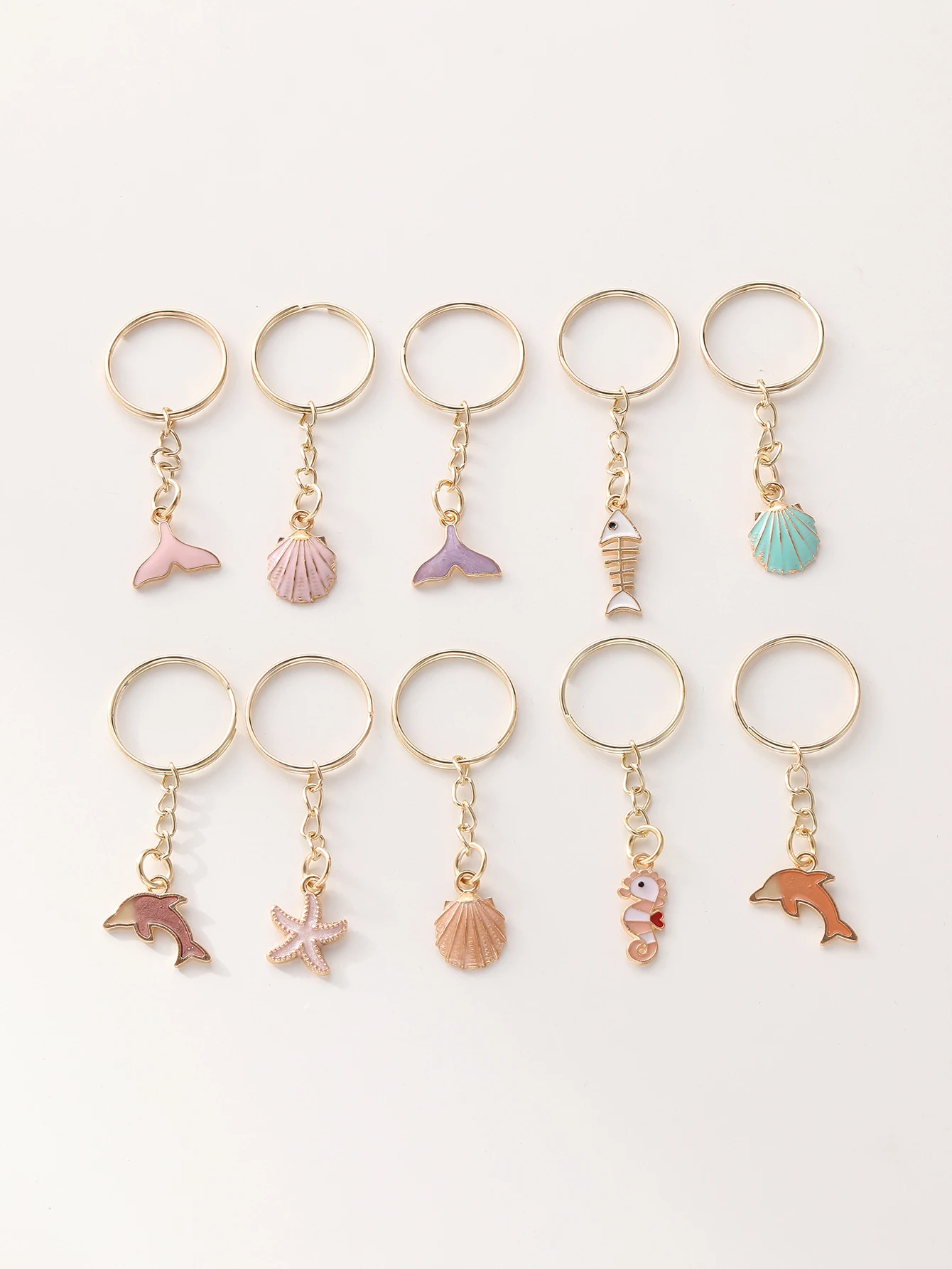 10pcs Marine Animal Alloy Key Chain New Summer Cute Fish Tail Dolphin Seahorse Shell Pendant Fashion Accessories Christmas Gifts