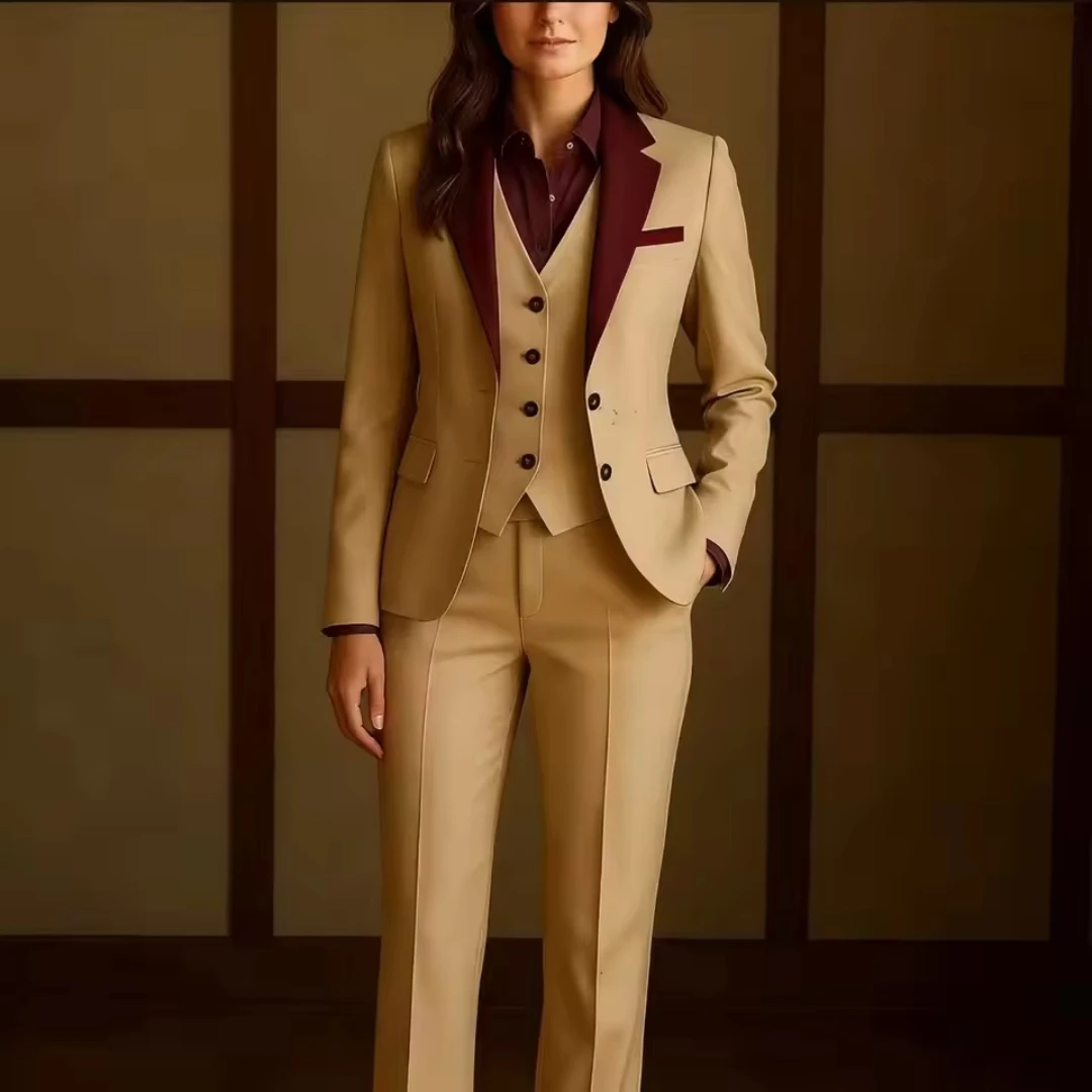 Office Ladies Pantsuit Women Solid Business Classic Single Buttons Flared Pants Blazer Vest Pants Three Piece Set Formal Suit