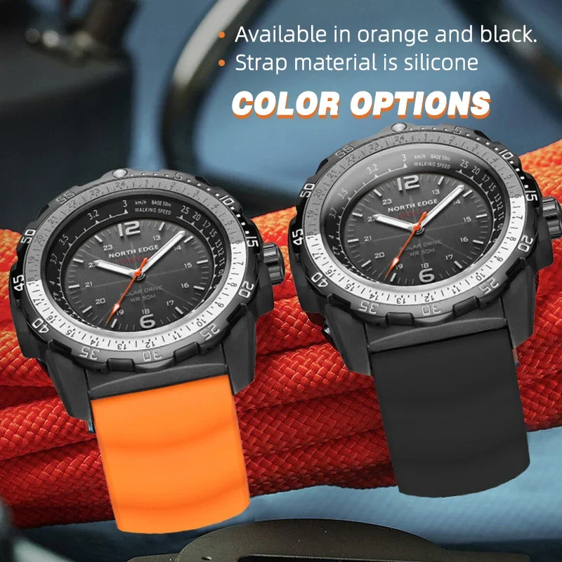 NORTH EDGE Men Solar Drive Sports Watch 50M Waterproof Luminous Hands Long‑Lasting Battery Silicone Band Diving Wristwatch