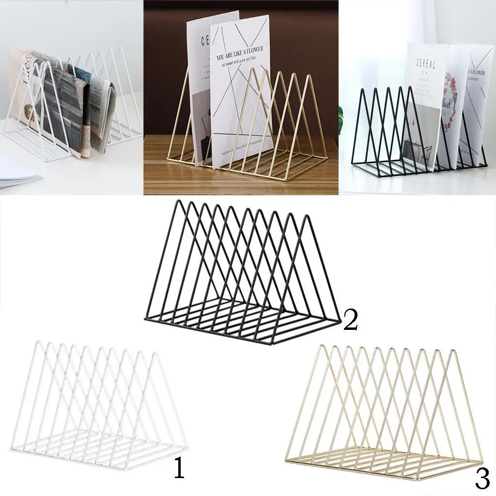 Iron Triangular Bookshelf Desktop Newspaper Storage Rack Office File Bookend