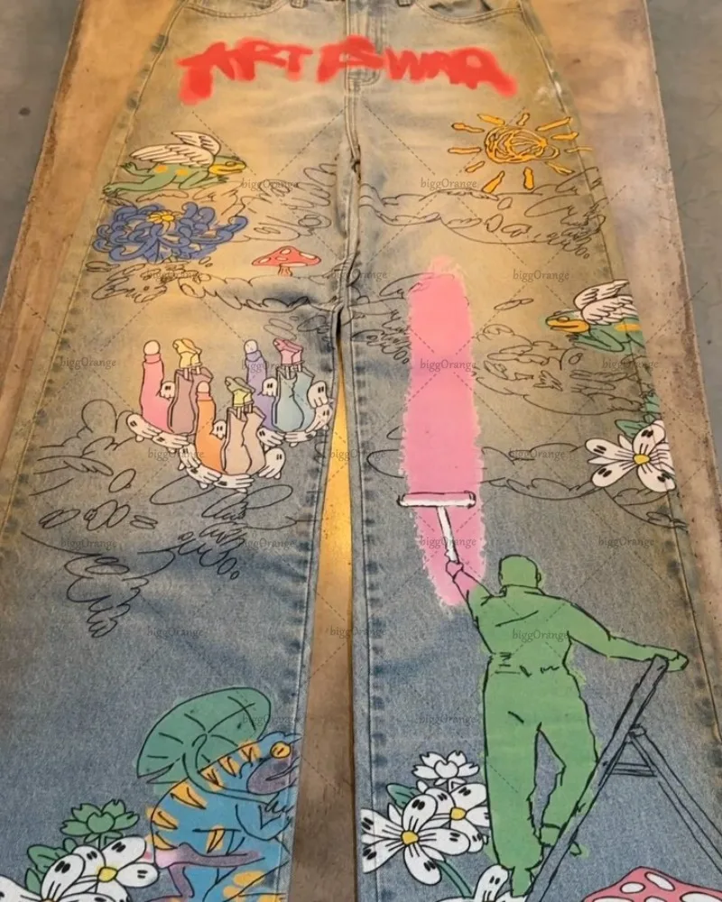 2025 Harajuku Y2K ملابس الشارع النسائية Kawaii الملابس الرجعية الكرتون فضفاض الجينز الهيب هوب الكتابة على الجدران عادية الدنيم مستقيم واسعة الساقين