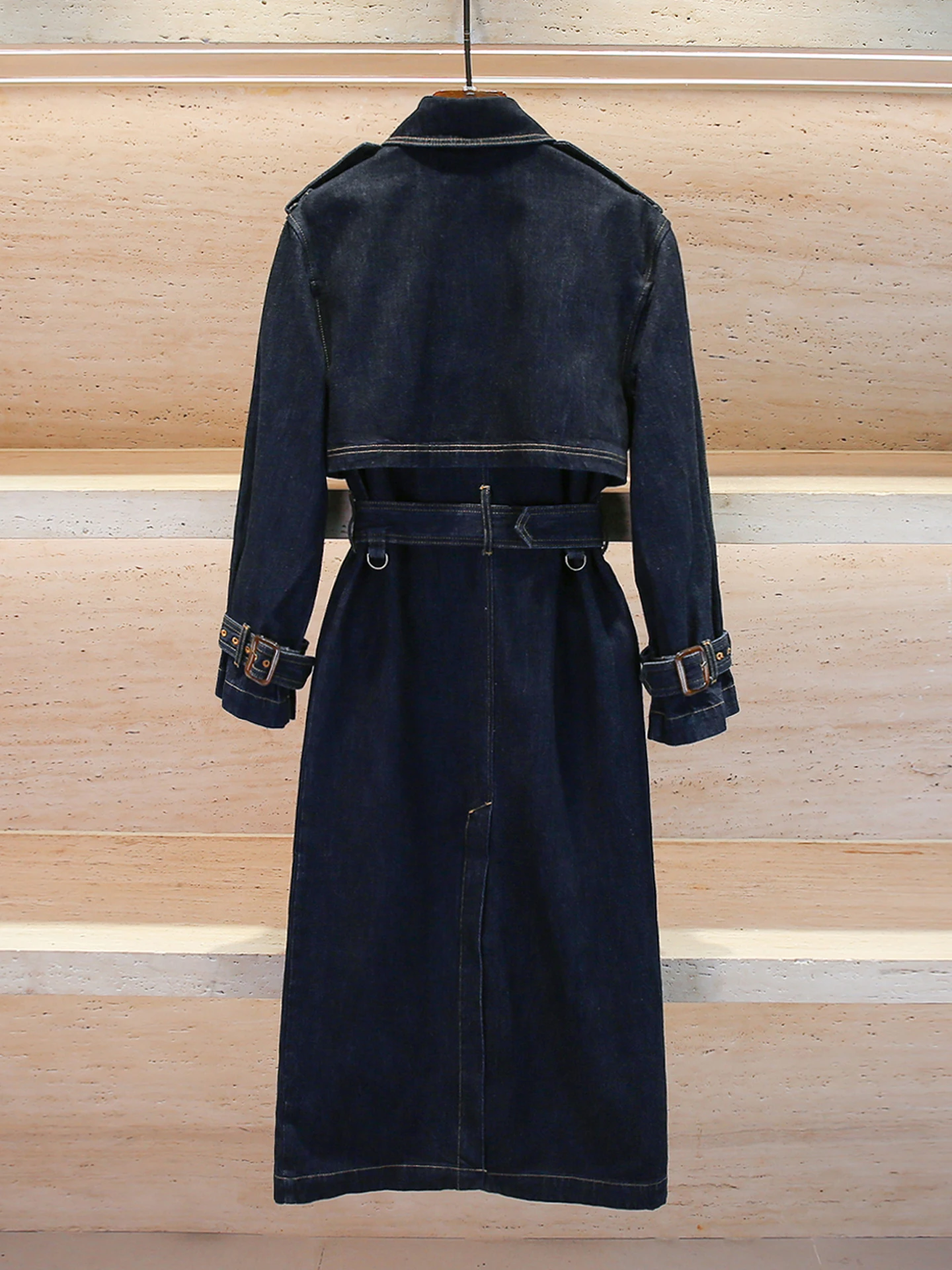 

High-End Women's Long Denim Sle Coat Jaet Autumn Winter Vintage SP Home South Oil Ladies Premium Faion Outerwear