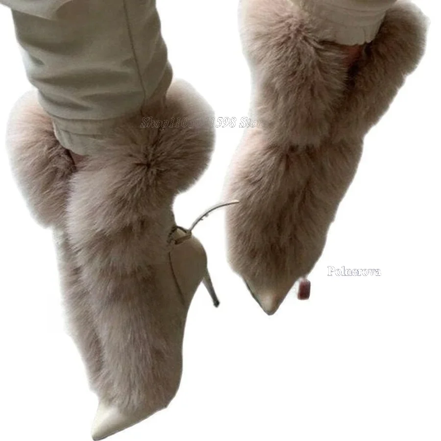 Inverno botas de pele de raposa apontou toe salto fino sapatos femininos cinta design sapatos de salto alto botas de festa 2023 novos zapatos para mujere