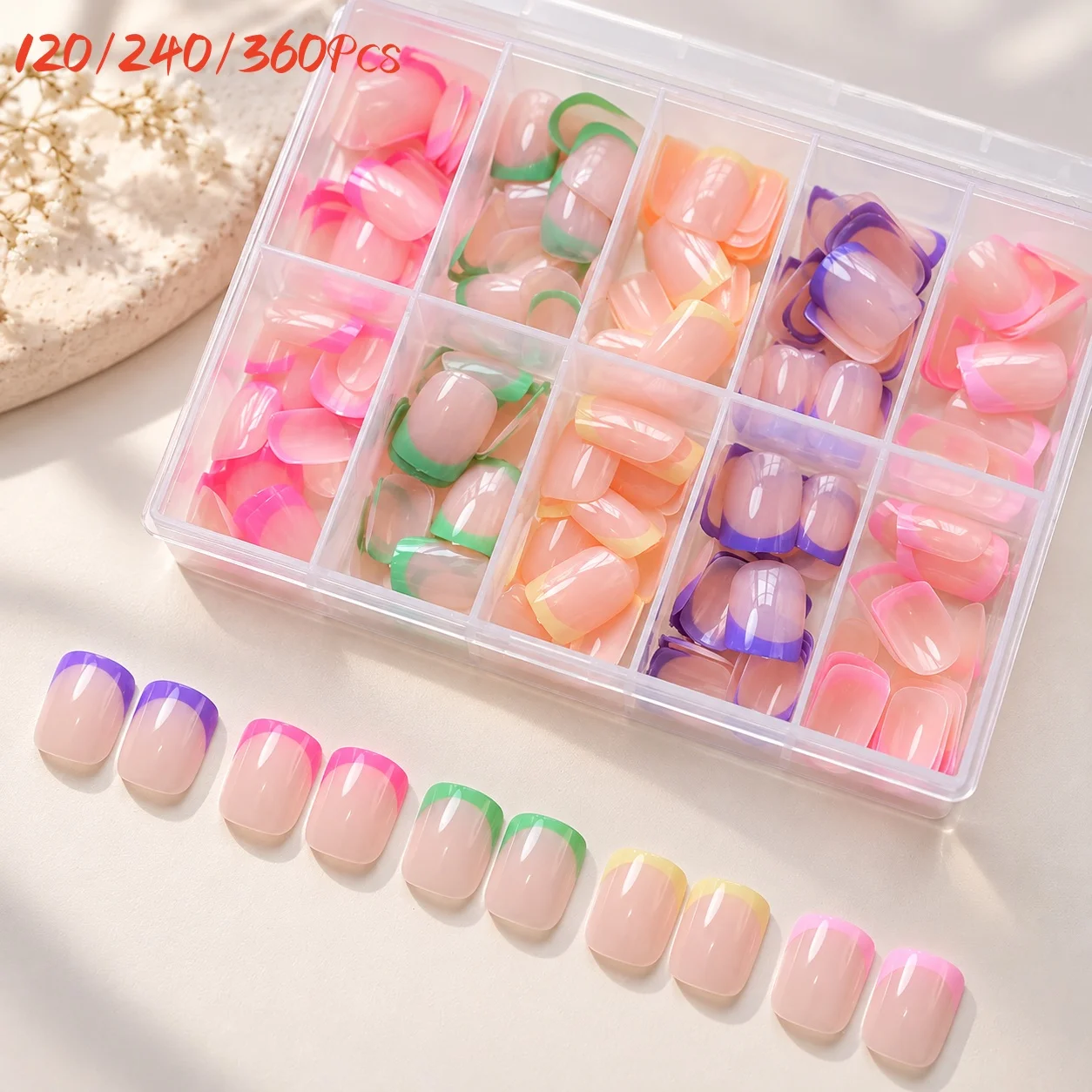 120Pcs/240Pcs/360Pc 5 Colors Short Square Press On Nails Colorful French Tip Glossy Full Cover Fake Nails for Women DIY Manicure