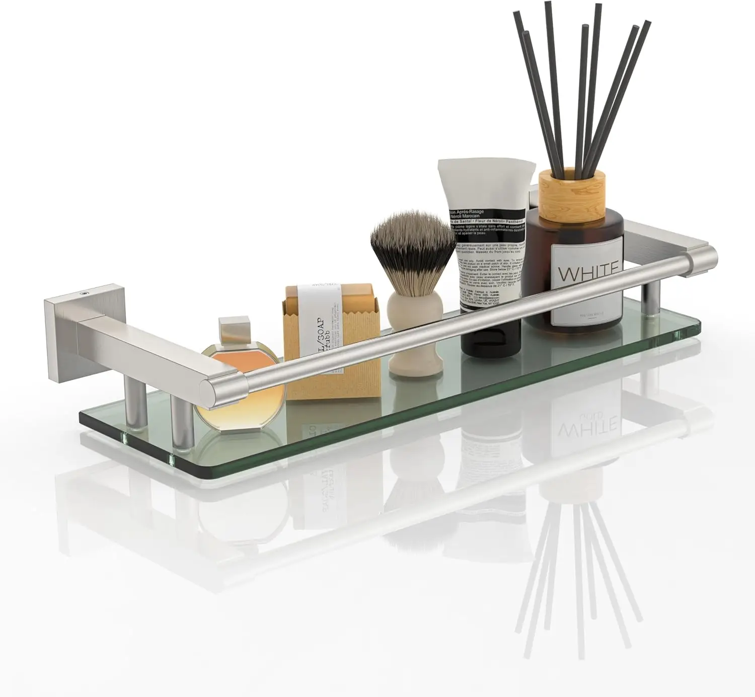 

Bathroom Glass Shelf 20 Inch Brushed Nickel Wall Mounted Tempered Glass Organizer With Stainless Steel Safety Railing Toiletry