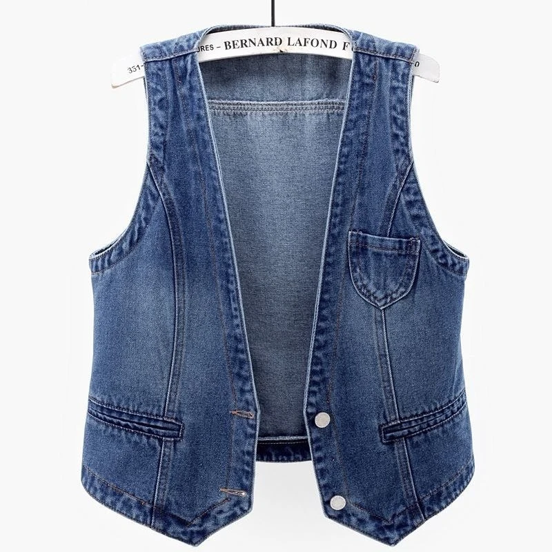 

Casual Female Tops Women Denim Vest Jacket Spring Autumn Clothes Sleeveless Short Jeans Waistcoats Single-Breasted Chaleco Mujer