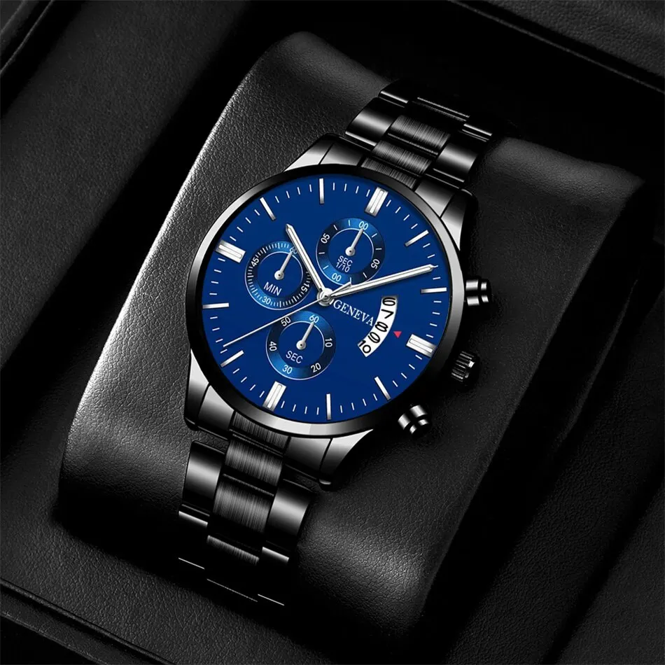 3PCS Set Fashion Mens Calendar Watches Luxury Men Business Black Stainless Steel Quartz Watch Male Necklace Bracelet Wristwatch