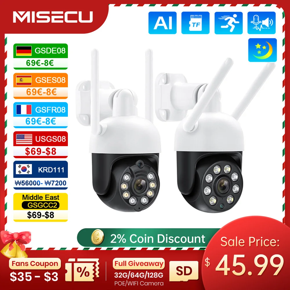 MISECU 3MP 4MP WiFi IP Camere 2-Way Audio Full Color Night Vision กลางแจ้ง P2P ไร้สาย PTZ Security กล้อง AI การติดตามอัตโนมัติ