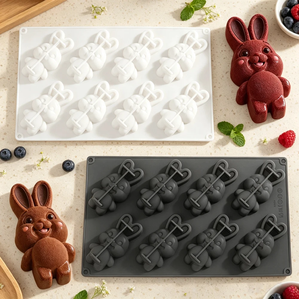 8-Count Easter Rabbit Silicone Mold for Mousse Cake Chocolate Dessert Pudding Cartoon Candle Making - Kitchen Baking Tool8-Count