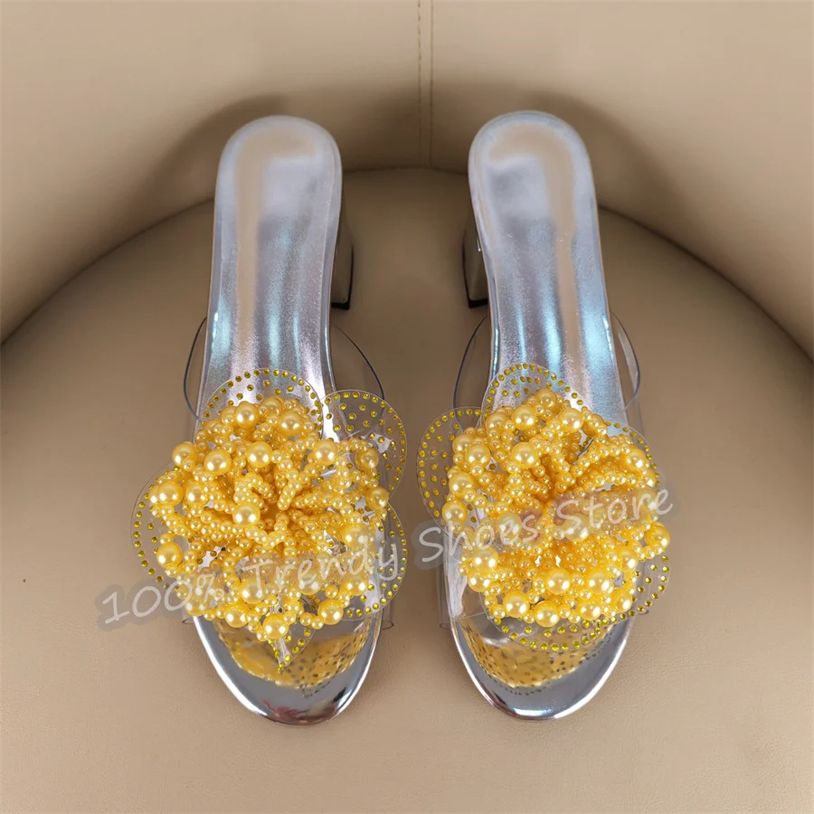 Luxury String Beads Flowers Transparency Pvc Women Mules Peep Toe Chunky Heel Gladiator Sandals Summer Party Slingback Pumps