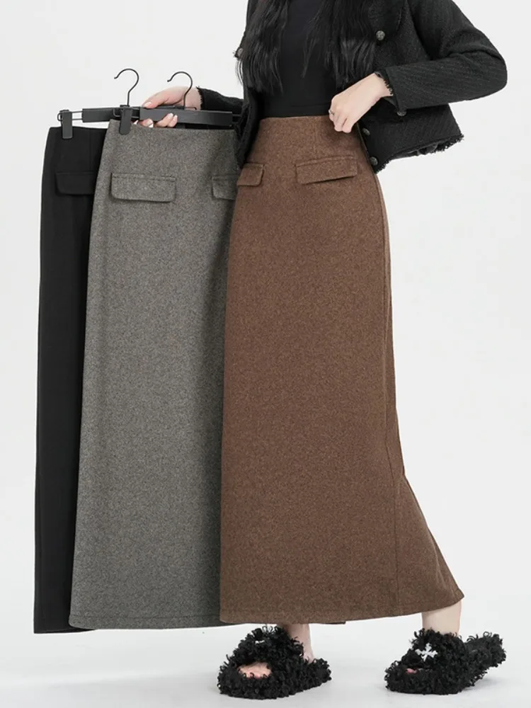 

Шерстяная юбка миди Bla для женщин, осенне-зимняя новинка, прямой крой, высокая талия, А-силуэт, асимметричный подол