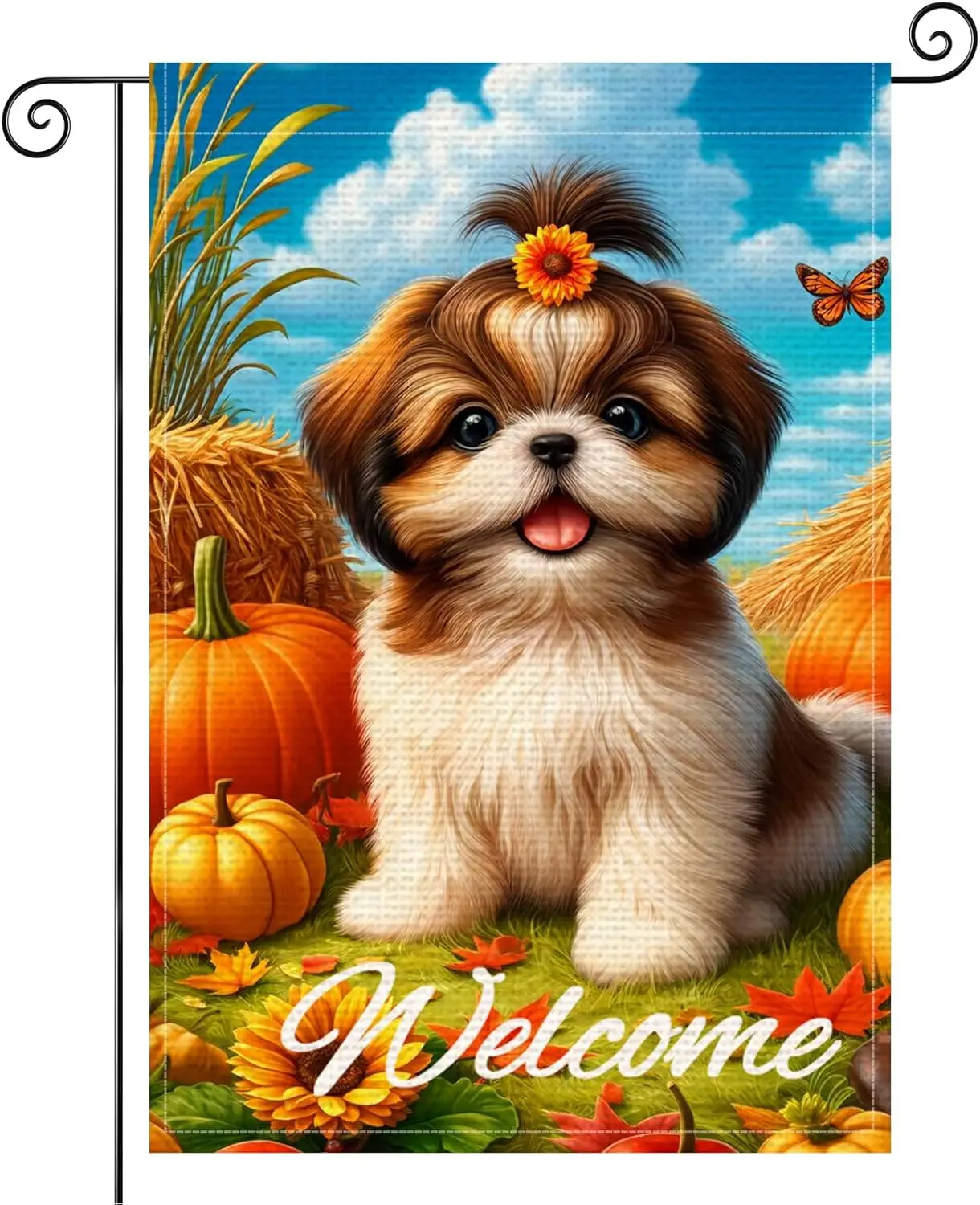 Welcome Shih Tzu Garden Flag 12x18 Inch Burlap Garden Flag Double Sided Vertical Outdoor Decor Autumn Pumpkin Dog Theme Yard MMZ