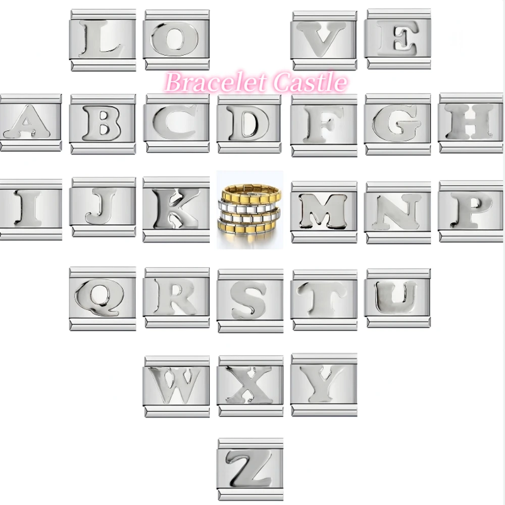 Silvery Stainless Steel 26 English Letters Fit 9mm Italian Link Charm Module Women Bracelet A-Z Hand Decorations Men DIY Bangle