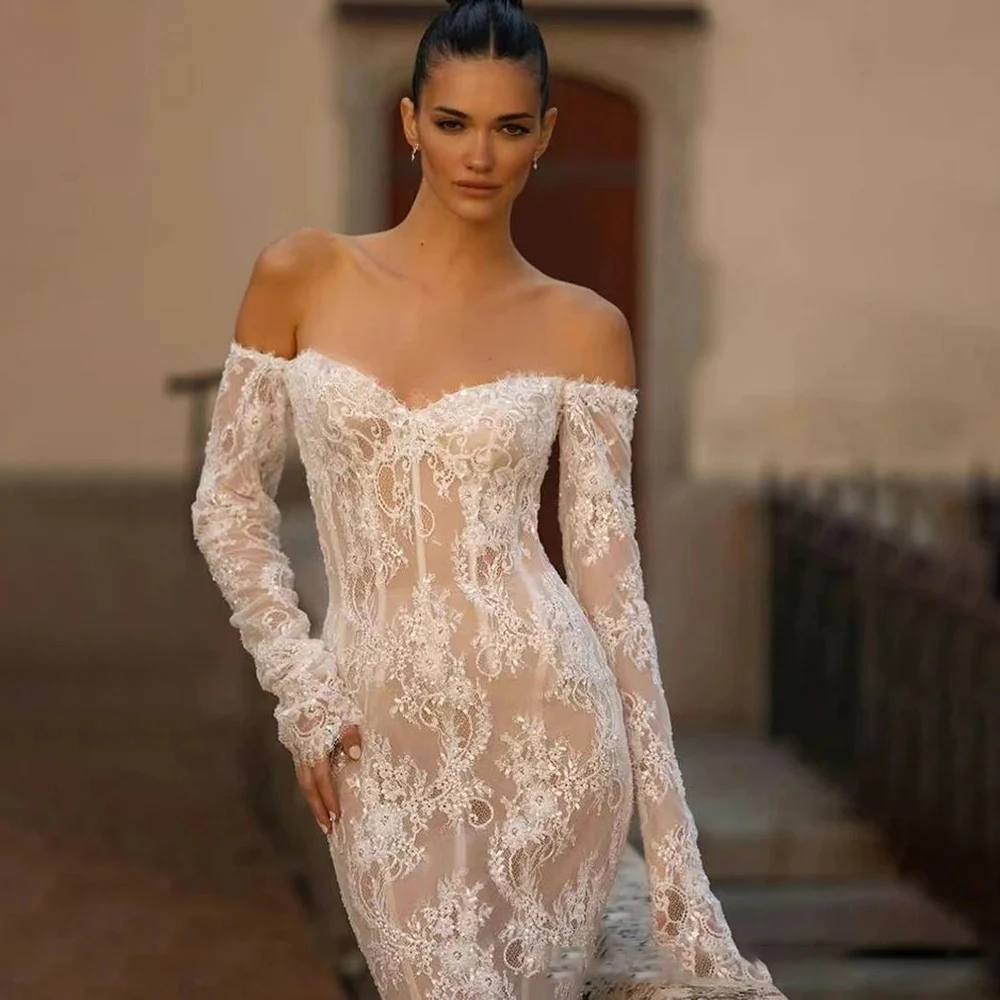 Vestidos de novia sexis de princesa sirena para mujer, vestido de novia personalizado de manga larga con cuello barco, Apliques de encaje, vestido de baile sin espalda