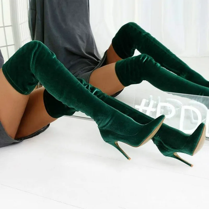 

Women Boots Velvet Over The Knee Boots Stiletto Pointed Toe Long Boots Side Zipper Women High Heels Plus Size Elastic Thigh Boot
