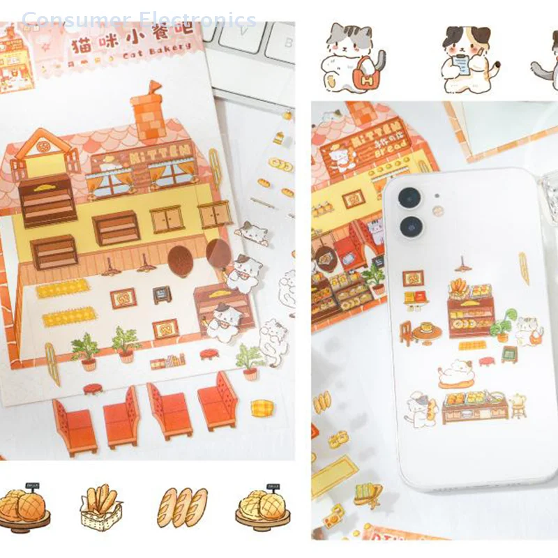 1Set Three-Dimensional Landscaping Handbook Stickers Cartoon Kitten Bread House Stickers Scene Cabin Stacking Stickers