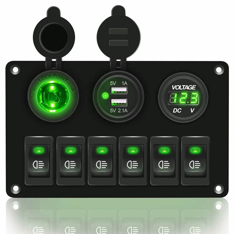 6 Gang Rocker Switch Panel ON/OFF Lights Dual USB Ports Car Marine Circuit Breaker DC 12V/24V LED Digital Voltmeter