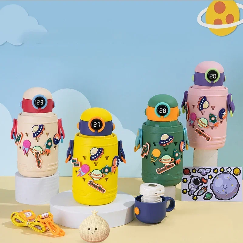 

Cute Thermos Water Bottle Kawaii Straw Stainless Steel Mug Intelligent Temperature Cups Cartoon Girl Water Bottles Free Shipping