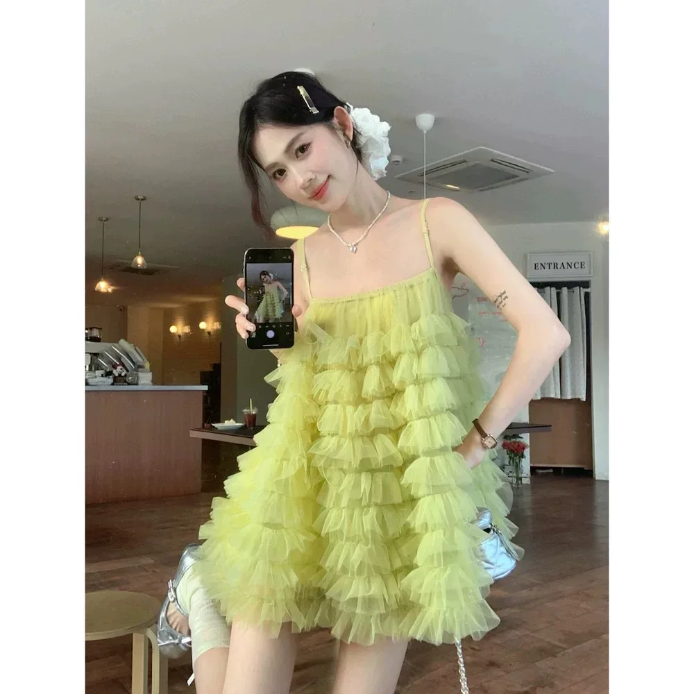 Vestido feminino sem mangas em camadas doce fada malha elegante rosa roxo azul preto babado festa vestido de baile curto mini vestido deslizante