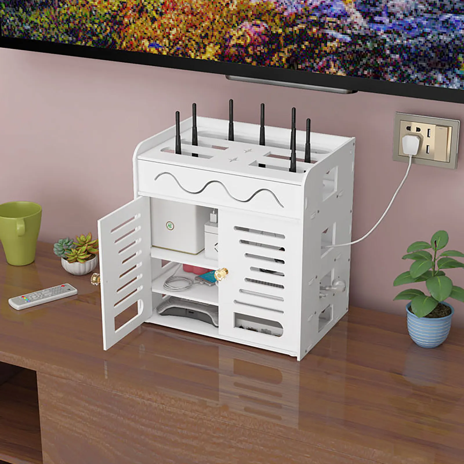 

Plastic 4-Layer Router Storage Box Double Door Hollow Cable Case Organizer Power Strip Holder Router Storage Rack Home Office