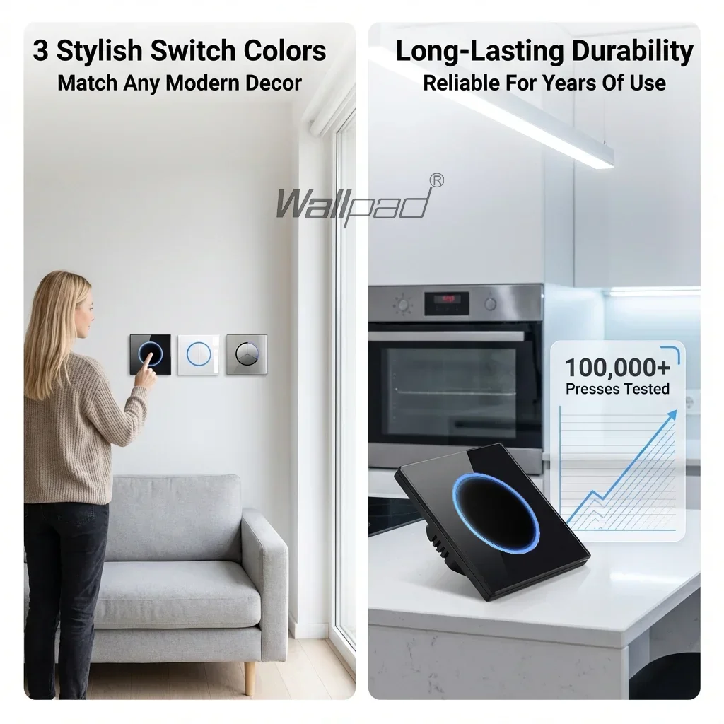 Wallpad-LEDリングインジケーター付きラウンドボタンスイッチ、ガラスパネル、1、2、3、4ギャング、2ウェイ、110v、250v、16a、青