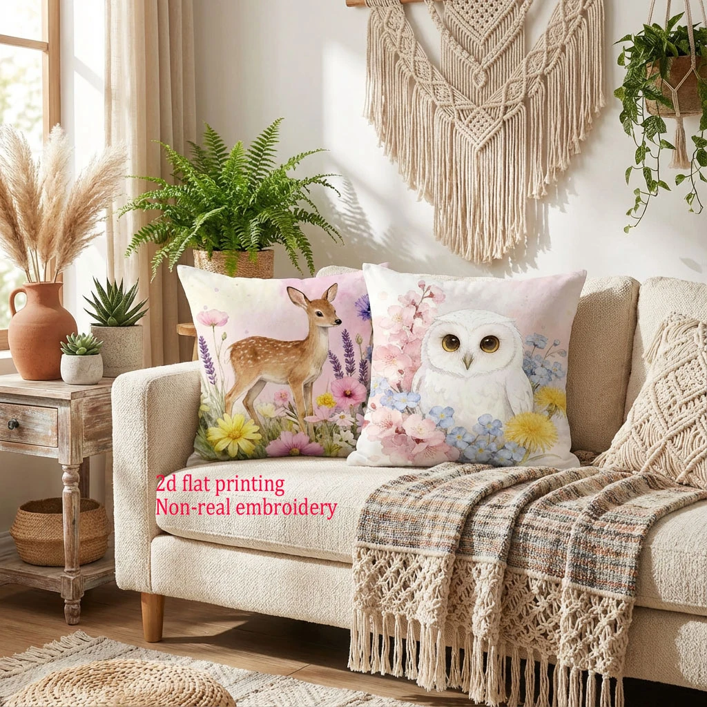 1/4pcs Watercolor Forest Animals Throw Pillow Covers Floral Deer Owl Hedgehog Rabbit Decorative Cushion Cases