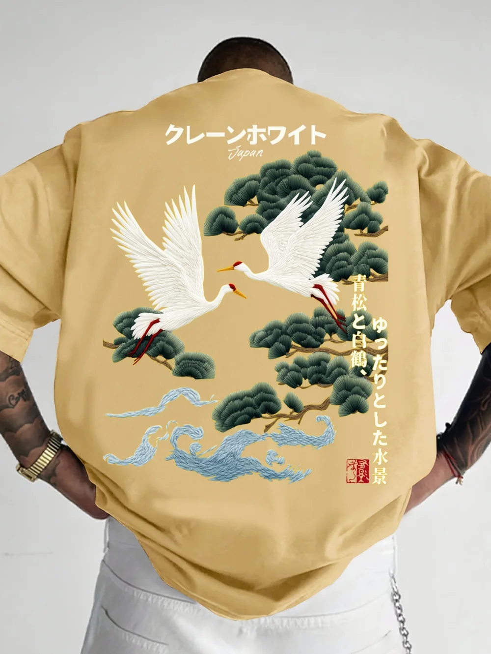 Mens Crane Pine Tree 3D Print T-Shirt Oriental Aesthetic Fashion Harajuku Tee Comfortable Casual Street Short Sleeve Shirt Man