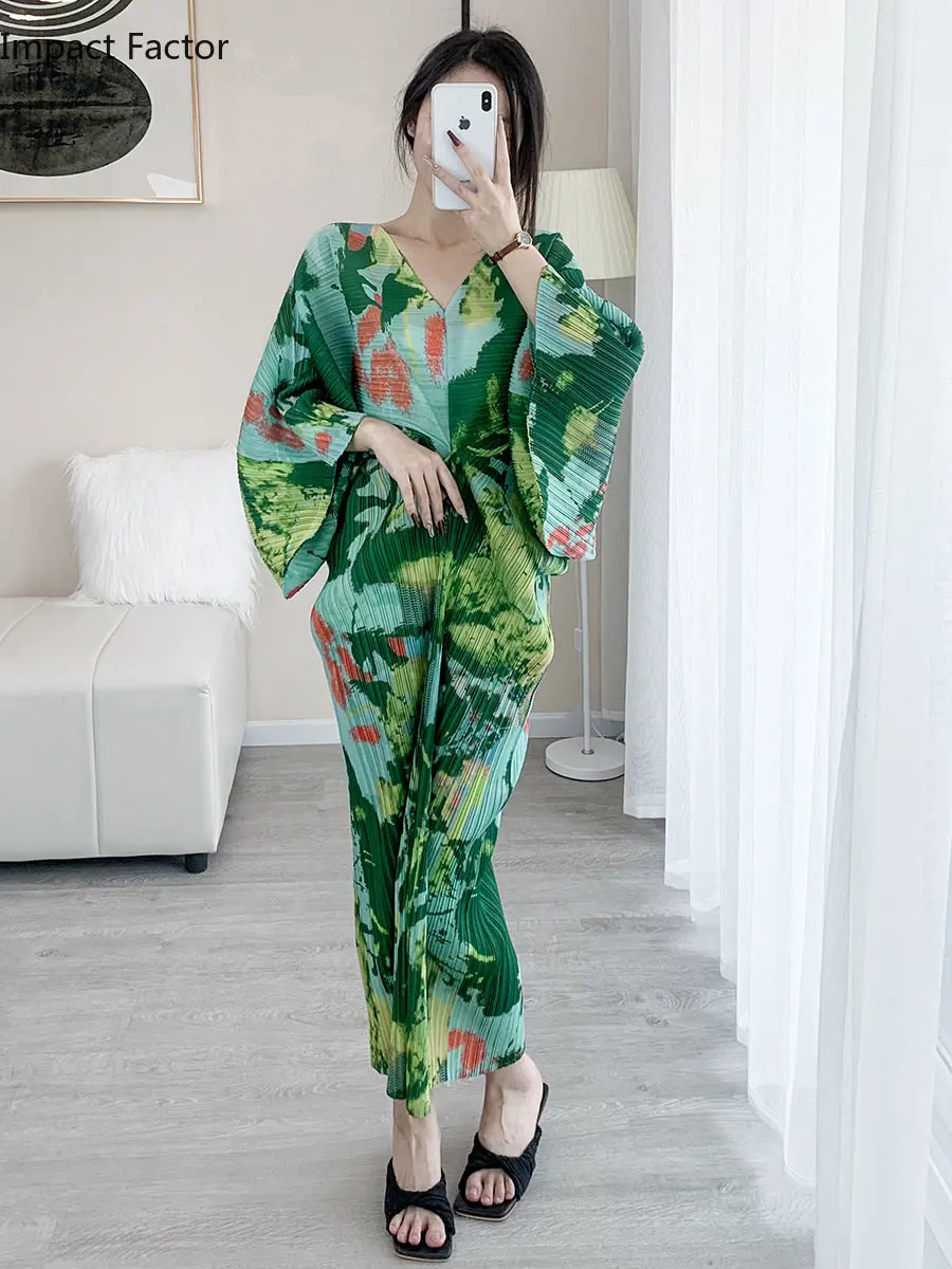 Pleated 2024 Spring Temperament High-end European And American Dress Foreign Trade Fashion Women V-neck Printed Loose Vestidos