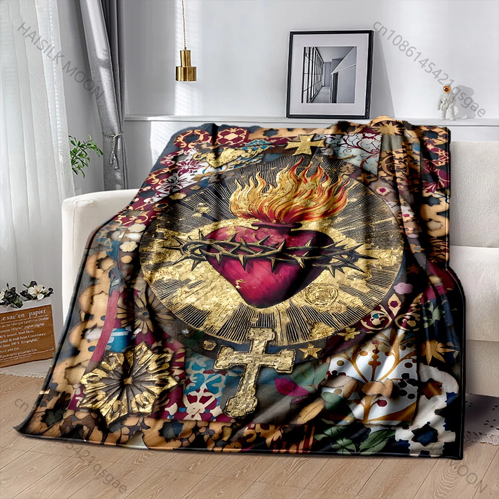1PC Sacred Heart flames thorns decoration Print Blanket Warm Soft Fluffy Kids Adult Sofa Bed Throw Blanket Travel Camping RV