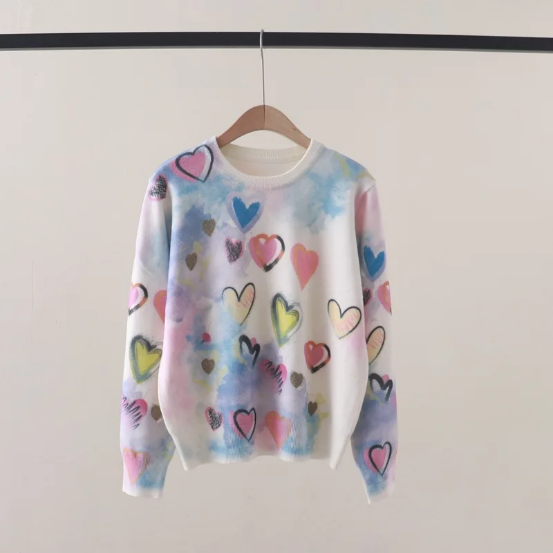 Heart Print Women Sweater Korean Y2k Style Women's Clothes Harajuku Pullover Wool Knit Tops Casual Knitwear Jumper Pull Femme