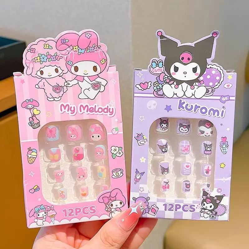 12 قطعة سلسلة سانريو للأطفال أظافر وهمية جميلة للأطفال ملصقات أظافر رائعة لطيف كورومي بلدي ميلودي اضغط على الأظافر #2