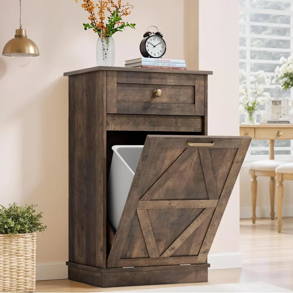 

Tilt Out Trash Cabinet 10 Gallon, Woodern Hidden Trash Can Holder, for Kitchen, Laundry Sorter