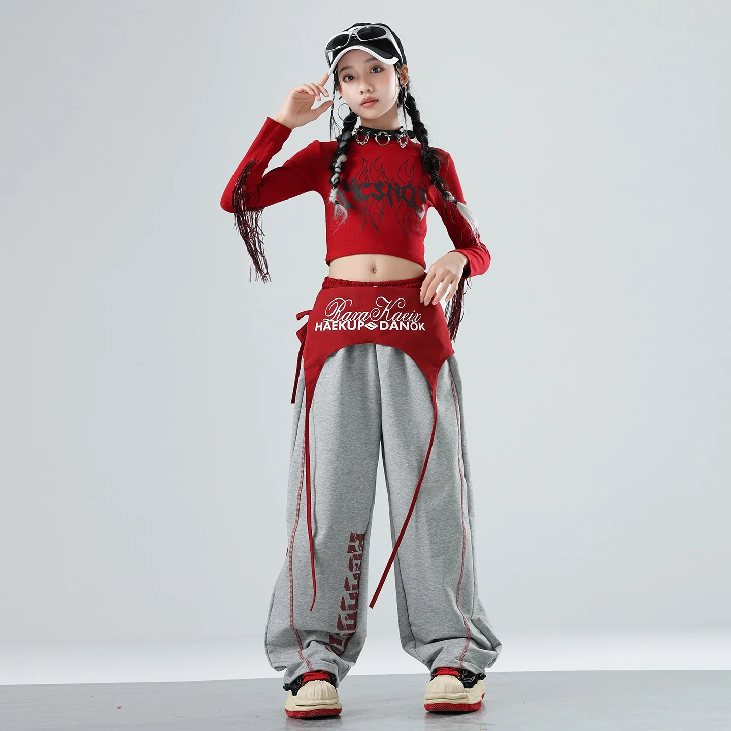 ใหม่สาวแจ๊สเต้นรำเสื้อผ้าฝึกซ้อมเสื้อสีแดงสีเทากางเกงขายาวแขนยาวฮิปฮอปชุดสตรีทแดนซ์เสื้อผ้าเคป๊อป BL17138