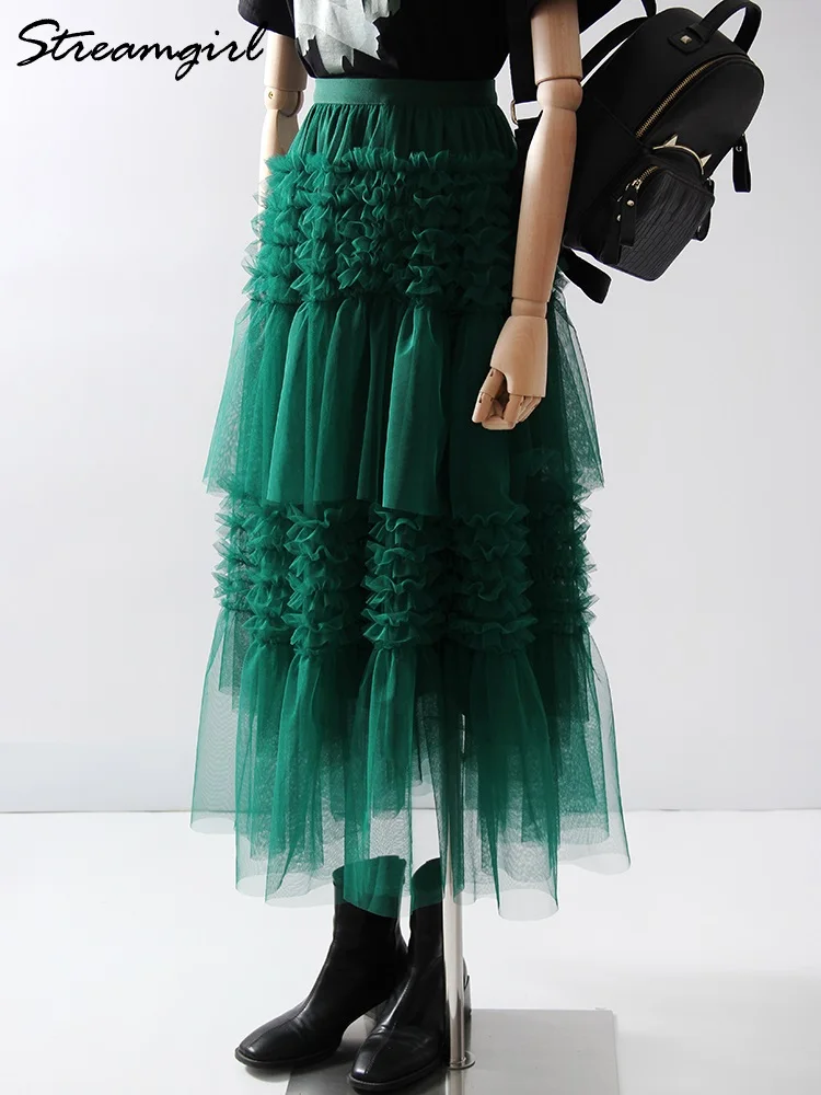 Long Tulle Skirt Women Luxury Green Cake Skirts Fluffy Ladies White A Line Maxi Women's Summer Mesh Long Skirts For Women Spring