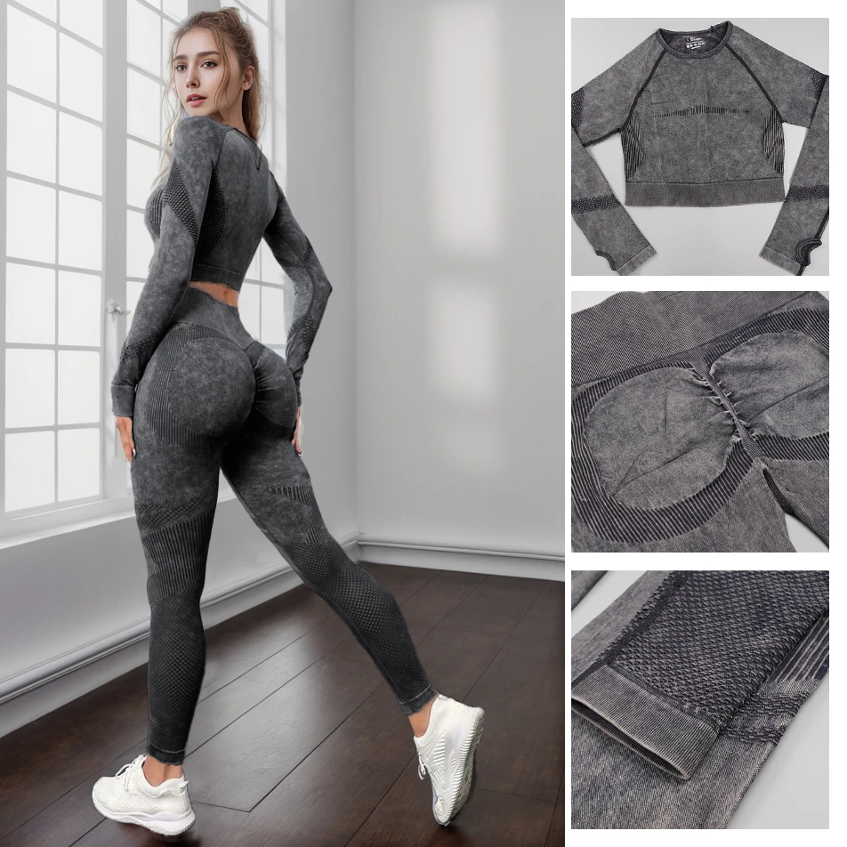 Mileegirl Long Sleeves Women Yoga Sets Seamless Knit Sports Pants Sets 2pcs Hollow Gym Fitness Tracksuits High Waist Leggings