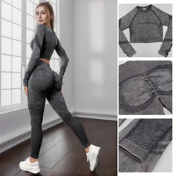 Mileegirl Set da yoga per donna a maniche lunghe Set di pantaloni sportivi in maglia senza cuciture Set da 2 pezzi Tute fitness da palestra vuote Leggings a vita alta