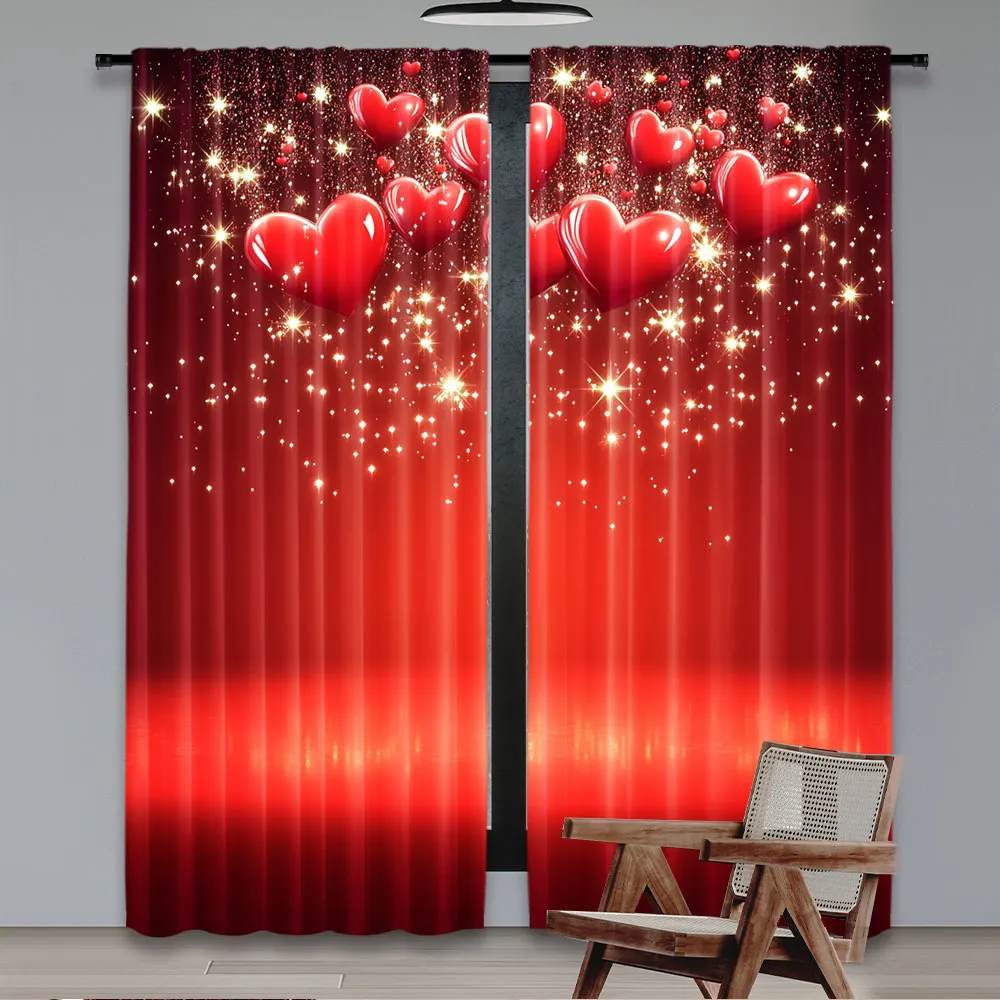 2Pcs Red Bubble Hearts Curtain For Lovers Stars Heart Theme Curtain Apply To Living Room Bedroom Store Hotel