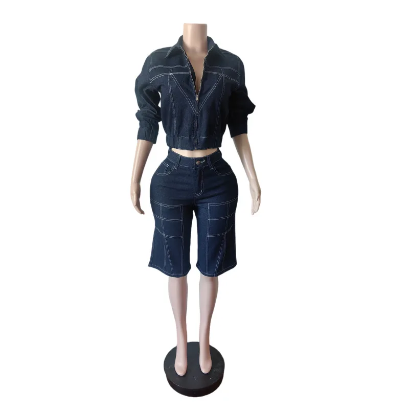 Damen-Denim-2-Teiler-Outfit mit Kontrastnähten, Reißverschluss-Crop-Jacke, hochtaillierter knielanger geradem Hosen, Y2K-Streetwear-Matching-Set – Detail 5