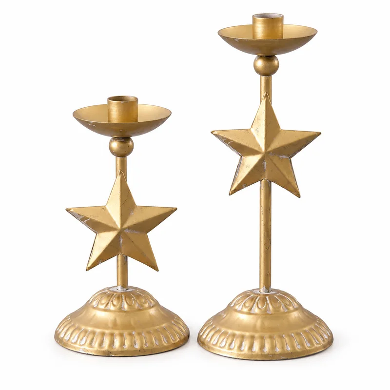Vintage Gold Star Candle Holders Set of 2, Distressed Iron Taper Candlestick Stands for Wedding Table Christmas Decor