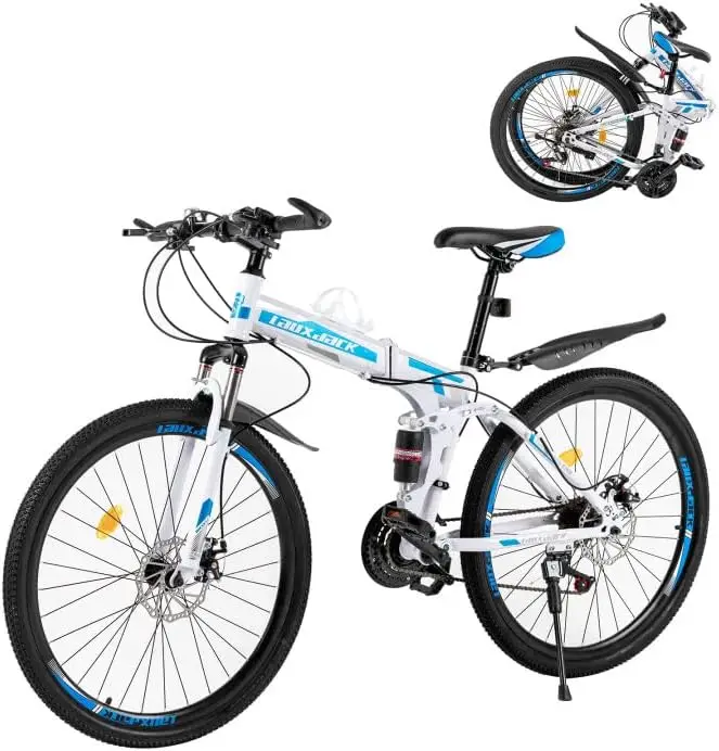 Mountain Bikes in 26inch - 21 Speeds High Carbon Steel Lightweight Folding Bike Front and Rear Dual Disc Brakes Folding Bike for