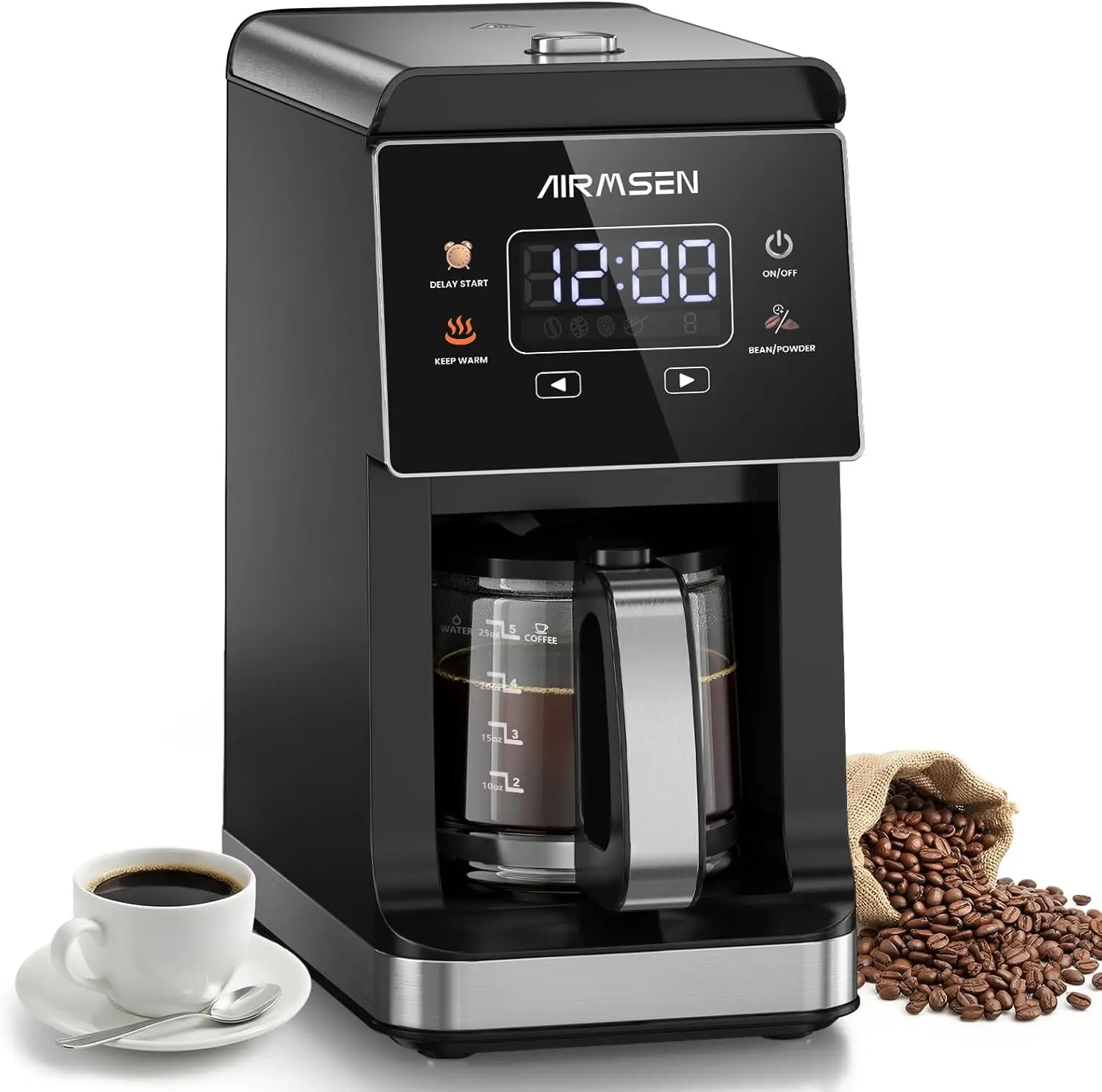 Programmable Single-Serve Coffee Maker with Built-In Grinder, 5-Cup (800ml), 3 Grind Options, Auto Keep Warm, Glass Carafe - Ide