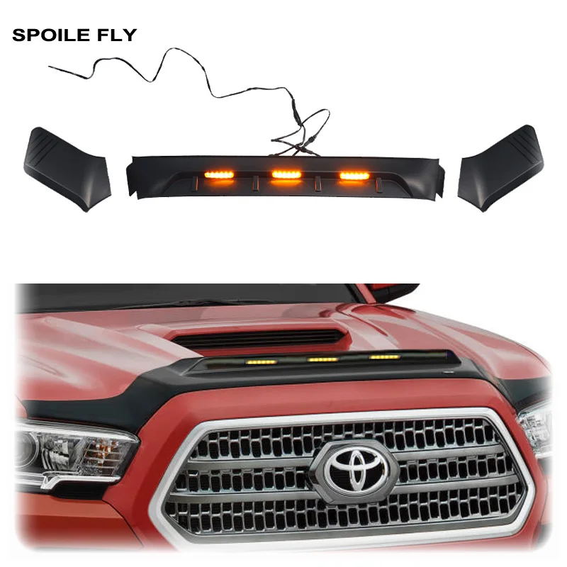 2016 2017 2018 2019 2020 2021 2022 2023 For Toyota Tacoma Hood Protector Three Section LED Light Hood Deflector Black Body Kit
